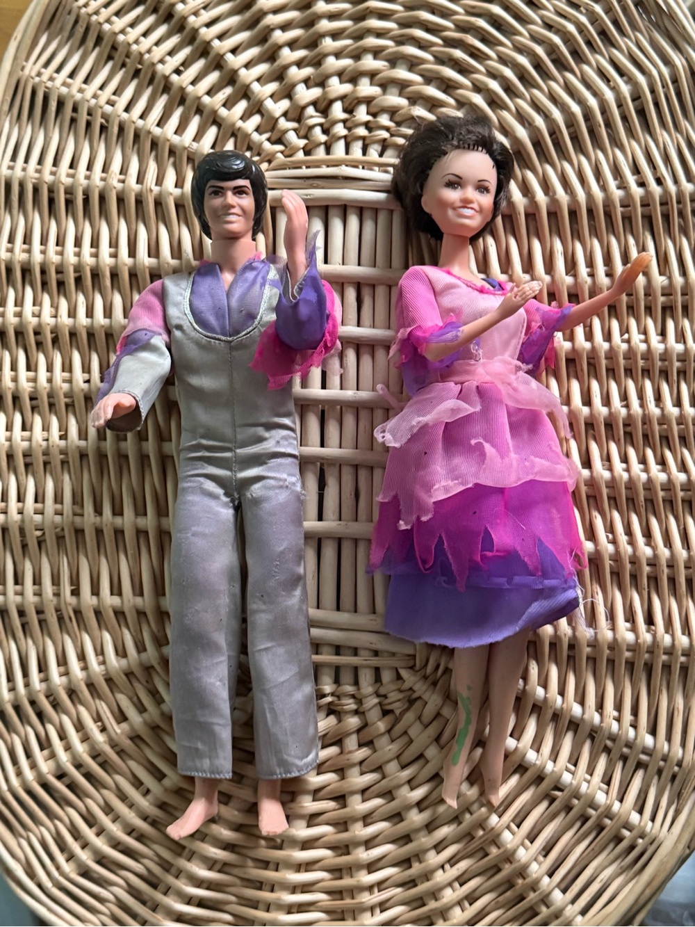 Donny & Marie Osmond Vintage Doll Pair - original Pink & Purple Costumes Good